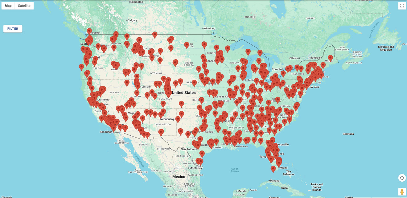 Map of the United States with hundreds of Mako account locations pinned coast to coast